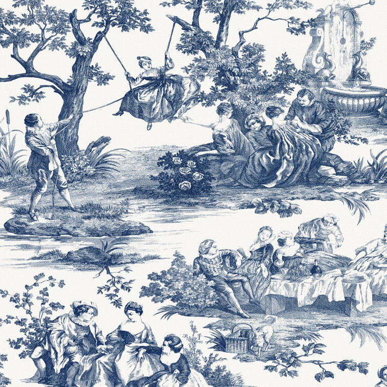 Blue and White Cotton Toile Print Square Throw Pillow
