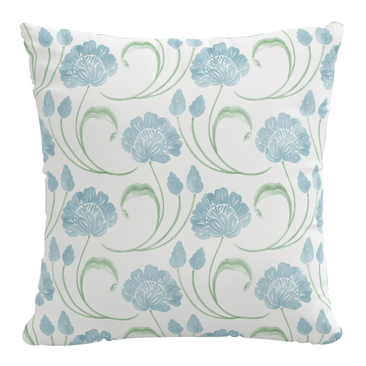 Sage Green and Blue Floral Cotton Square Throw Pillow