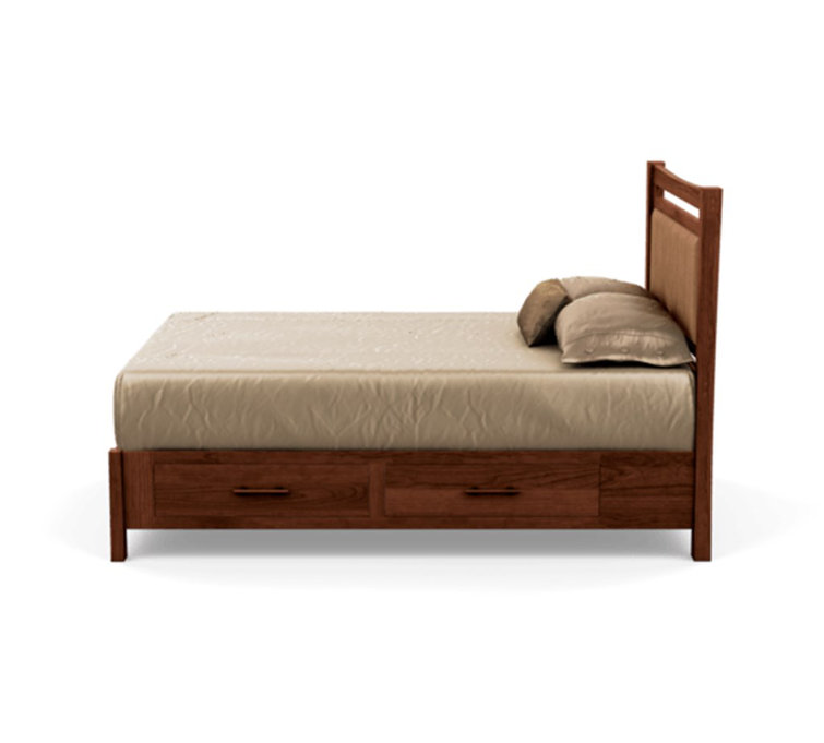 Queen Cognac Cherry Wood Frame Upholstered Storage Bed with Ebony Leather Headboard