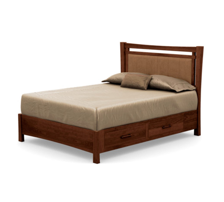 Queen Cognac Cherry Wood Frame Upholstered Storage Bed with Ebony Leather Headboard