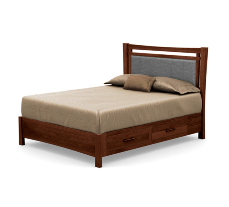 Queen Cognac Cherry Wood Frame Upholstered Storage Bed with Ebony Leather Headboard