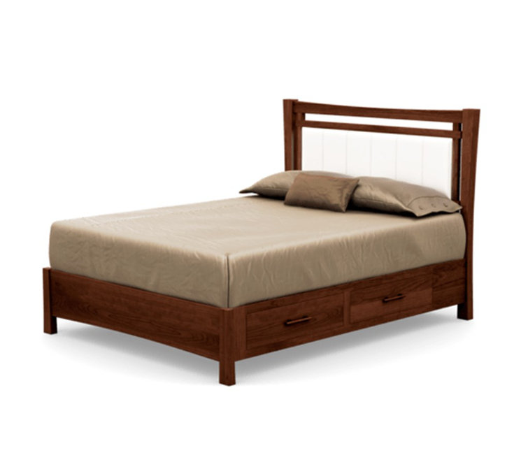 Full Cognac Cherry Wood Frame Upholstered Storage Bed with Coffee Leather Headboard