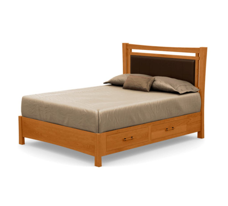 Queen Sand Microfiber Upholstered Storage Bed with Natural Wood Frame