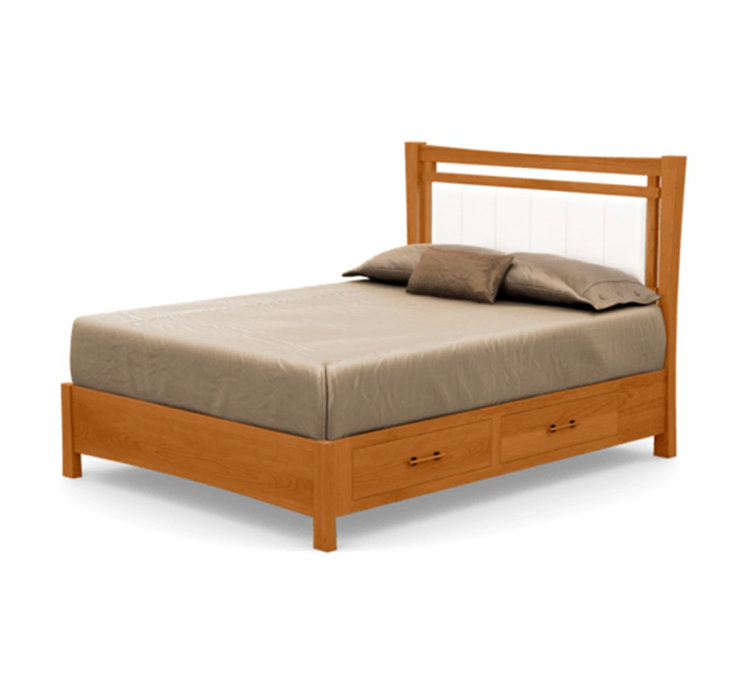Queen Sand Microfiber Upholstered Storage Bed with Natural Wood Frame