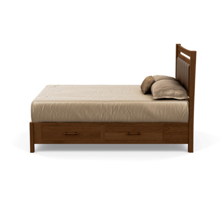 Full Cognac Cherry Wood Frame Upholstered Storage Bed with Coffee Leather Headboard