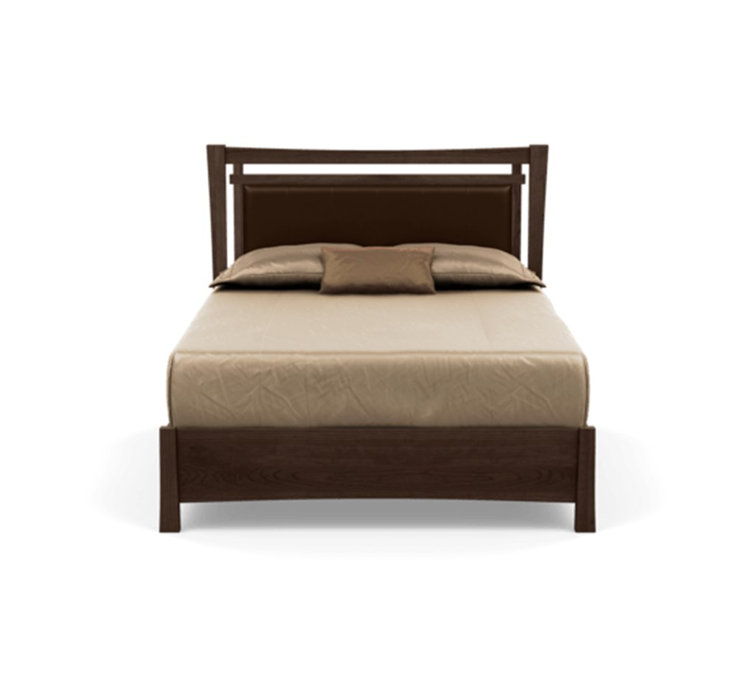 Full Smoke Cherry Wood Platform Bed with Coffee Leather Upholstered Headboard and Storage Drawers