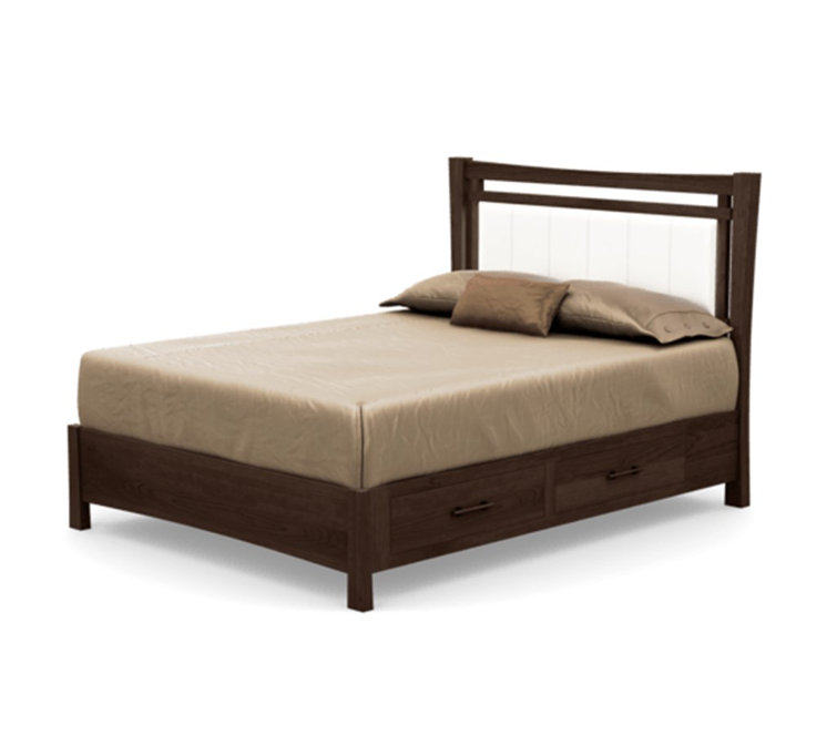 Full Smoke Cherry Wood Platform Bed with Coffee Leather Upholstered Headboard and Storage Drawers