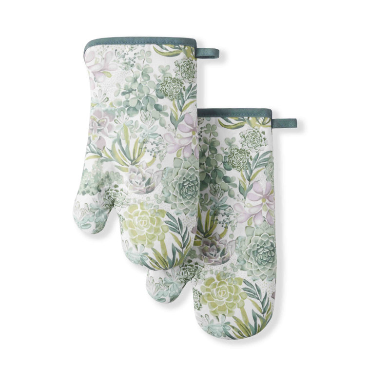 Green Succulent Print Cotton Oven Mitt Set, 2-Piece