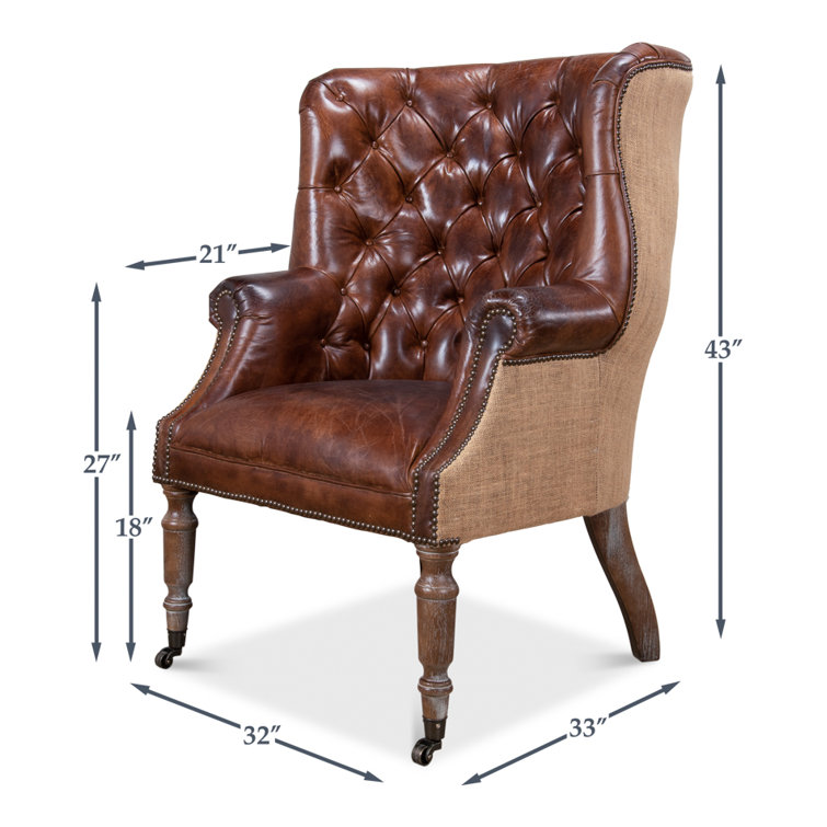 Vintage Cigar Brown Leather Tufted Arm Chair with Wood Legs