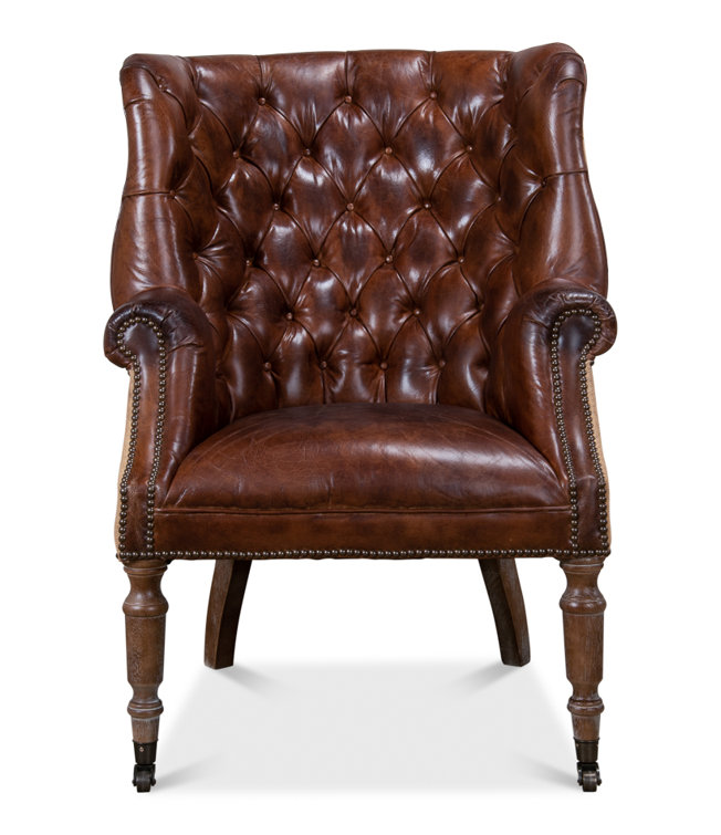 Vintage Cigar Brown Leather Tufted Arm Chair with Wood Legs