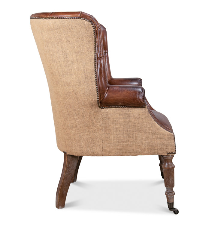 Vintage Cigar Brown Leather Tufted Arm Chair with Wood Legs