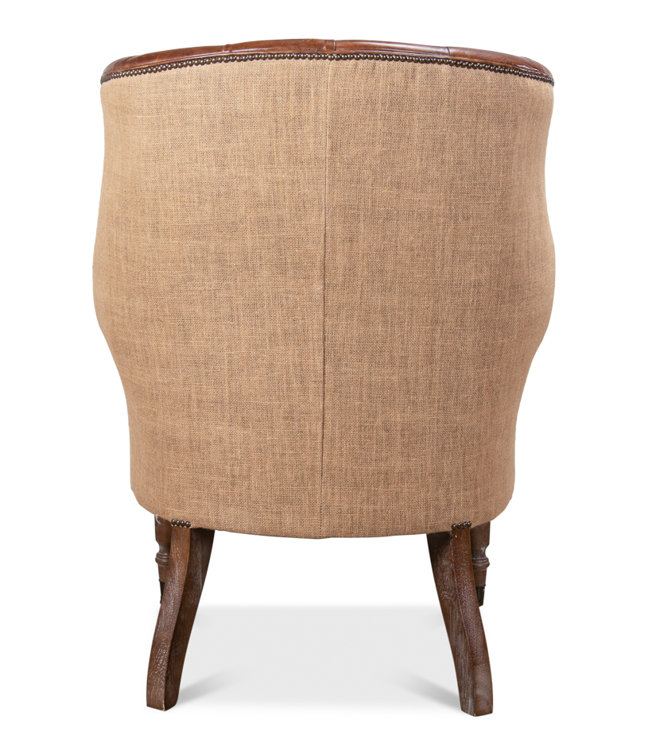 Vintage Cigar Brown Leather Tufted Arm Chair with Wood Legs