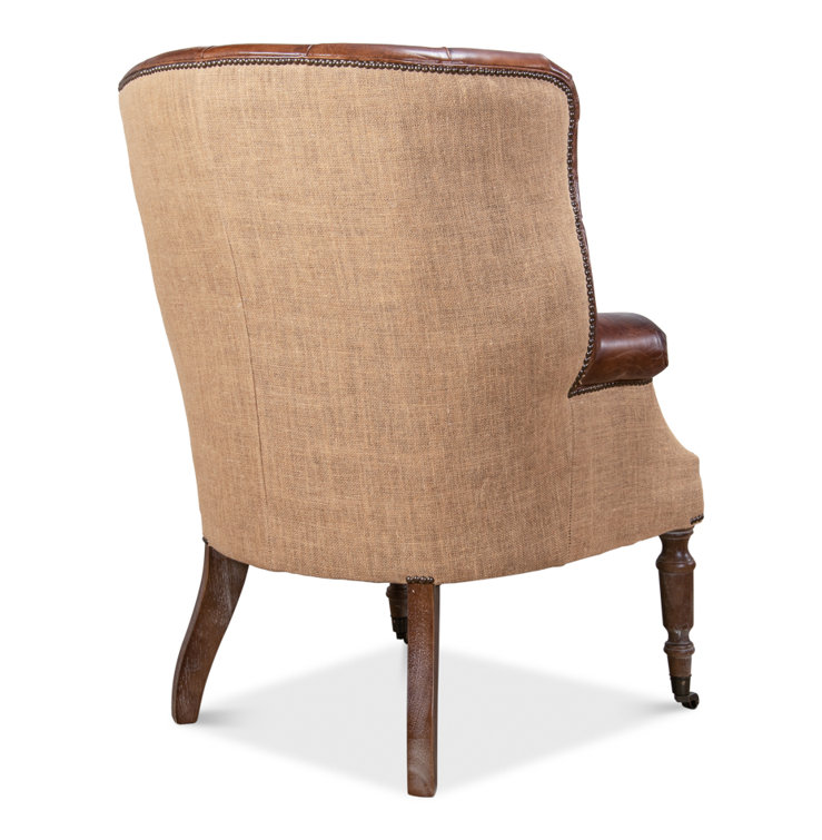 Vintage Cigar Brown Leather Tufted Arm Chair with Wood Legs