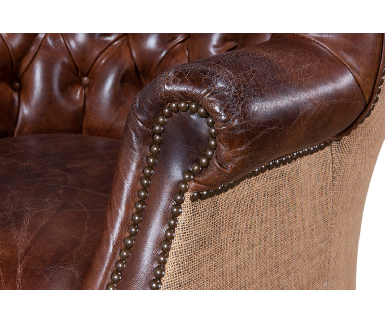 Vintage Cigar Brown Leather Tufted Arm Chair with Wood Legs