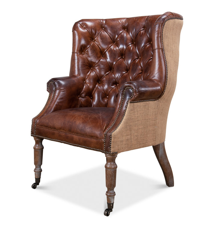 Vintage Cigar Brown Leather Tufted Arm Chair with Wood Legs