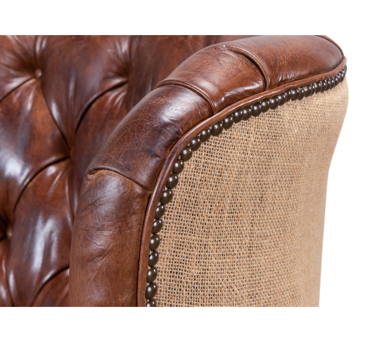 Vintage Cigar Brown Leather Tufted Arm Chair with Wood Legs