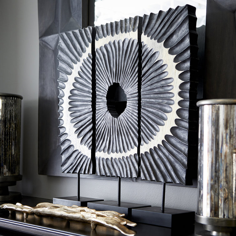 Black and Natural Wood Abstract Ruffle Sculpture Set