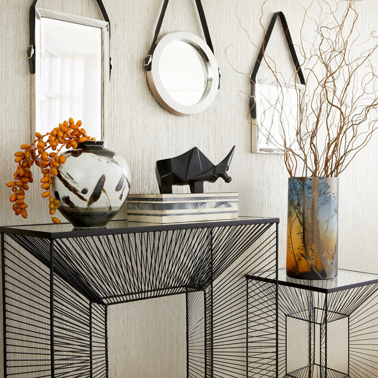 Contemporary Silver Leather-Strap Round Wall Mirror