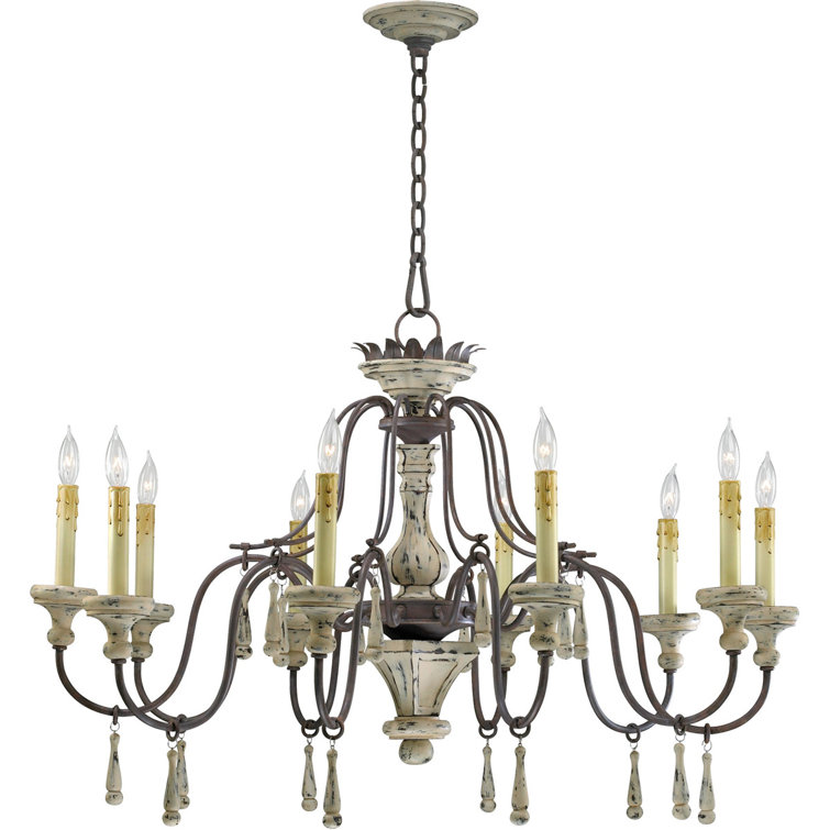 Antique Bronze and Distressed White 10-Light Candle Chandelier