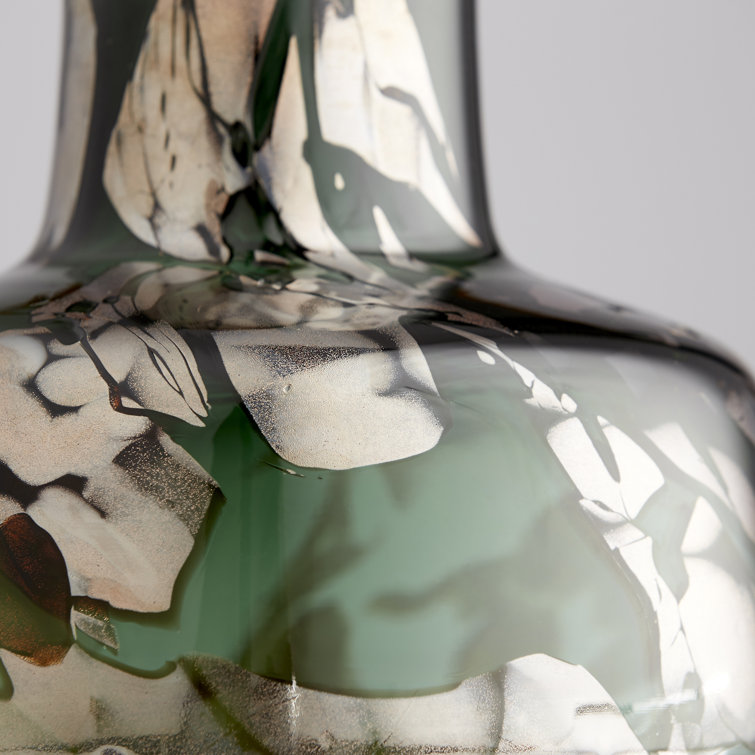 Green and Gold Glass Table Vase with Abstract Design