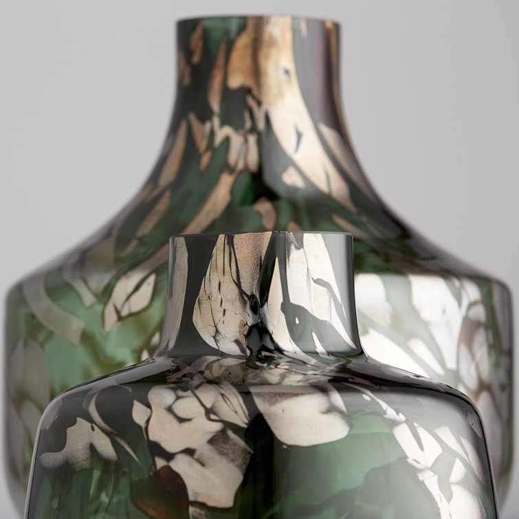 Green and Gold Glass Table Vase with Abstract Design