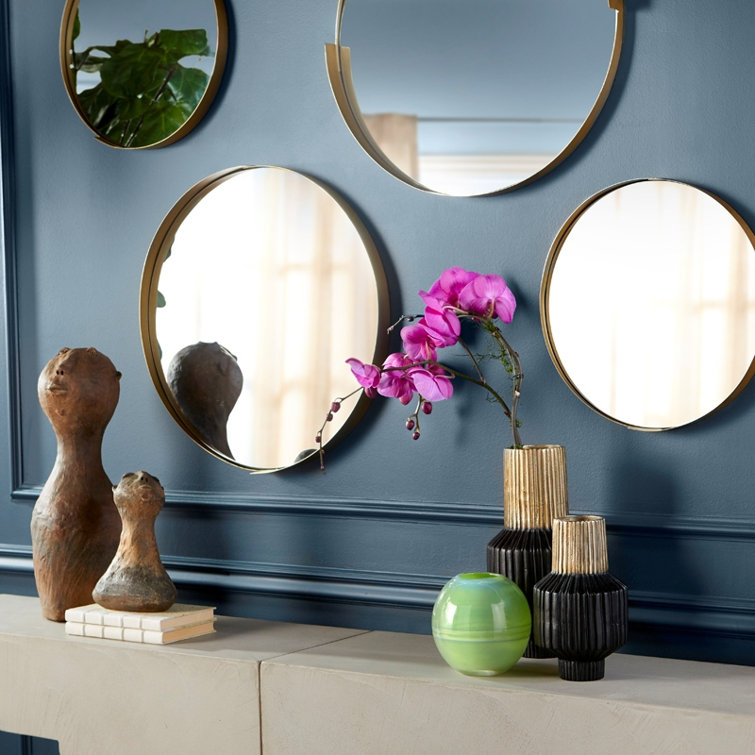 Contemporary Gold Round Wood Wall Mirror 17"