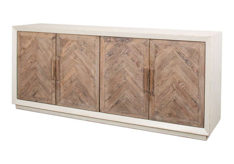 Antique White and Natural Pine 4-Door Buffet Sideboard