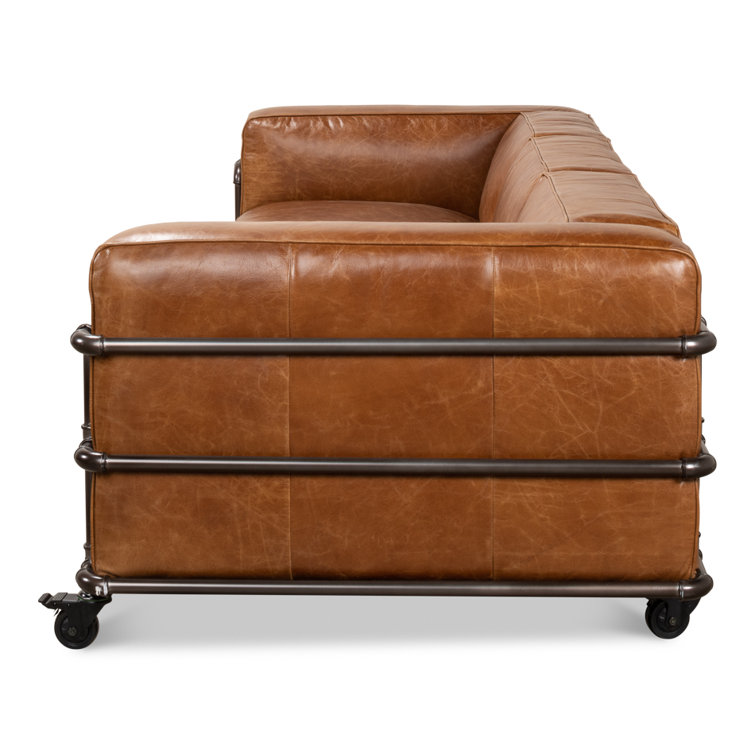 Industrial Brown Leather Sofa with Metal Frame and Casters