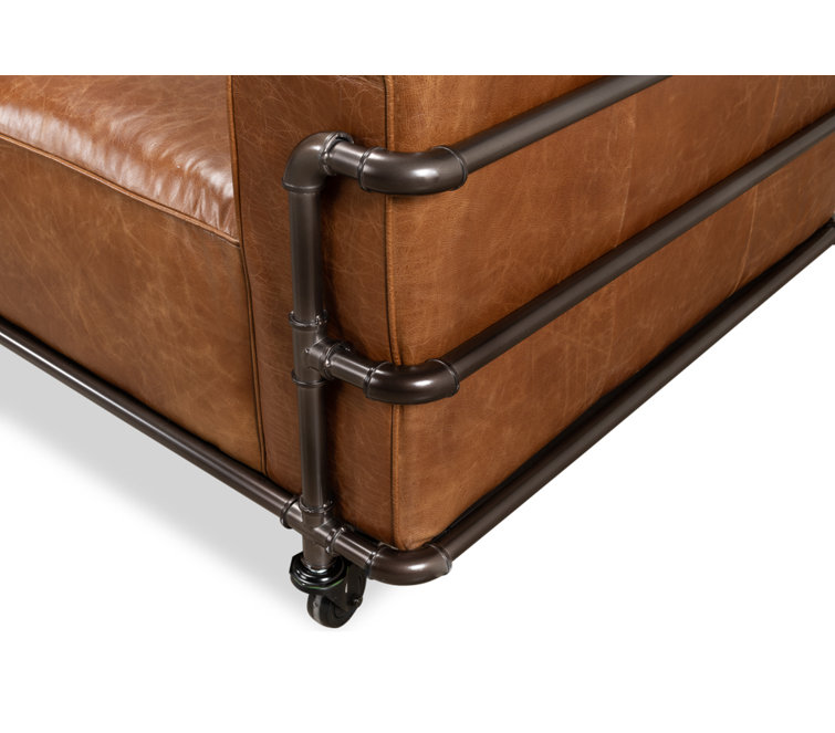 Industrial Brown Leather Sofa with Metal Frame and Casters