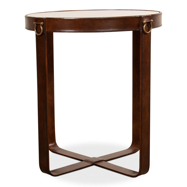 Brown Leather and Glass Round End Table with Brass Accents