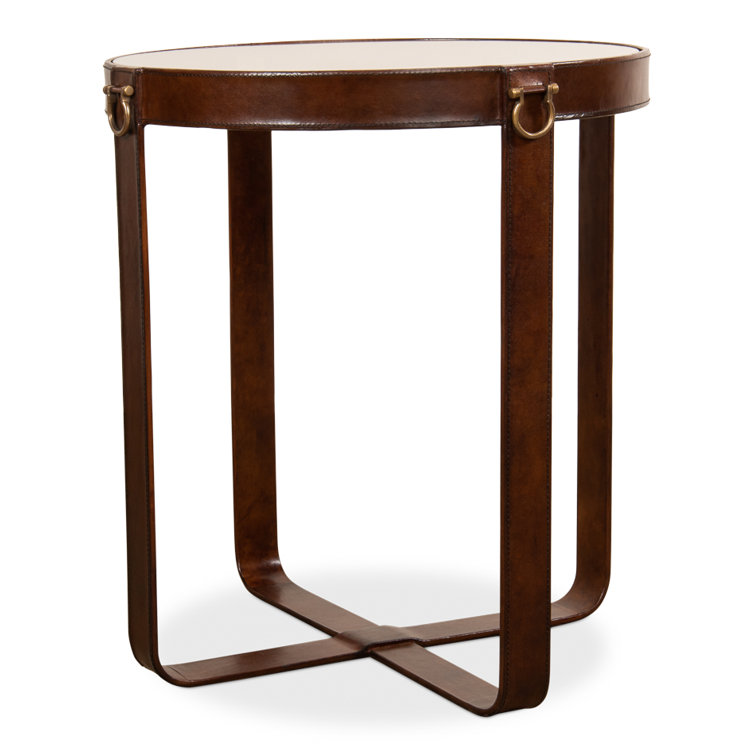 Brown Leather and Glass Round End Table with Brass Accents