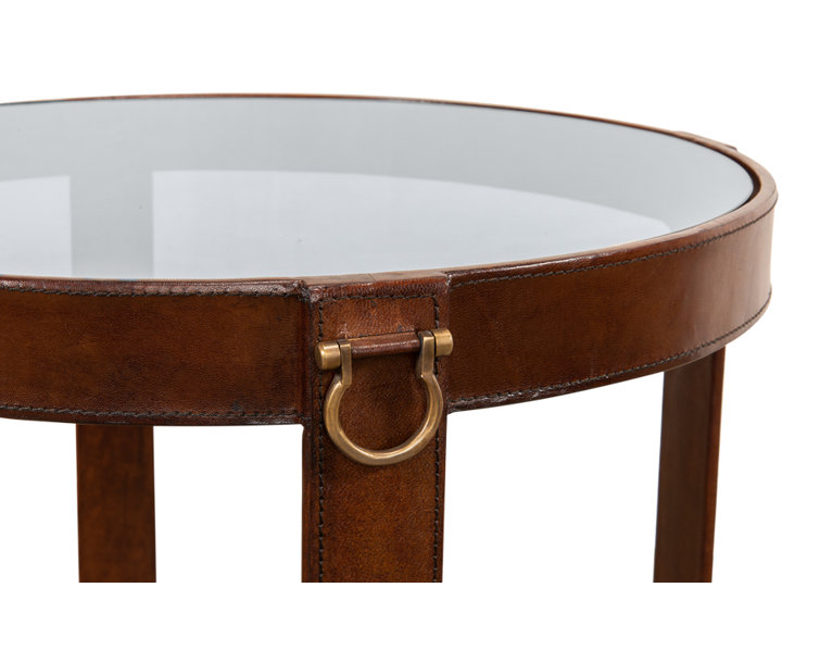 Brown Leather and Glass Round End Table with Brass Accents
