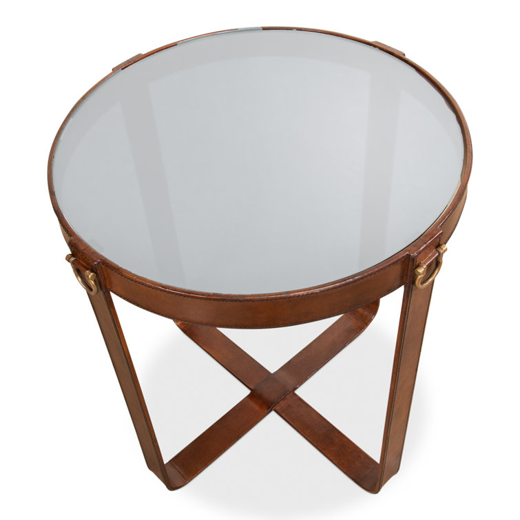 Brown Leather and Glass Round End Table with Brass Accents