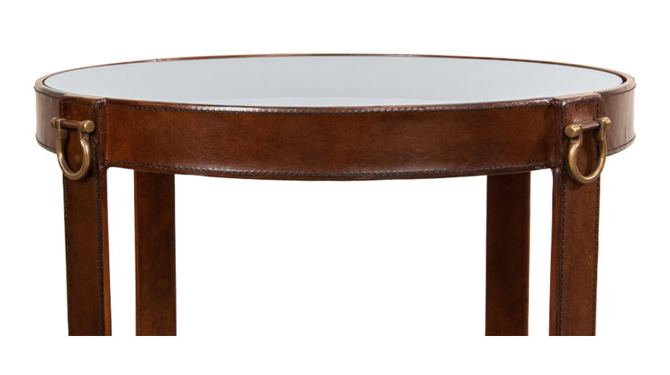 Brown Leather and Glass Round End Table with Brass Accents