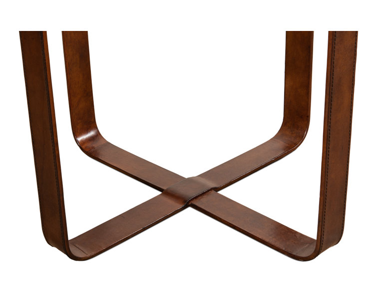Brown Leather and Glass Round End Table with Brass Accents