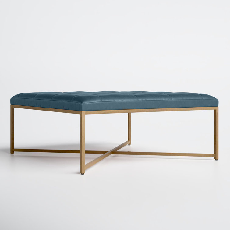 Contemporary Tufted Blue Ottoman in Genuine Leather