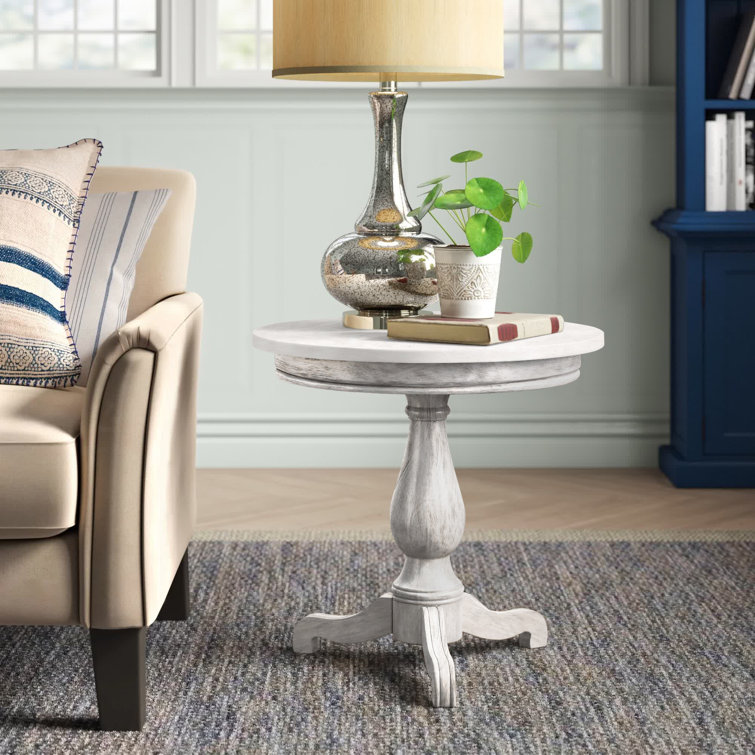 Rustic Gray Round Marble Top Pedestal End Table