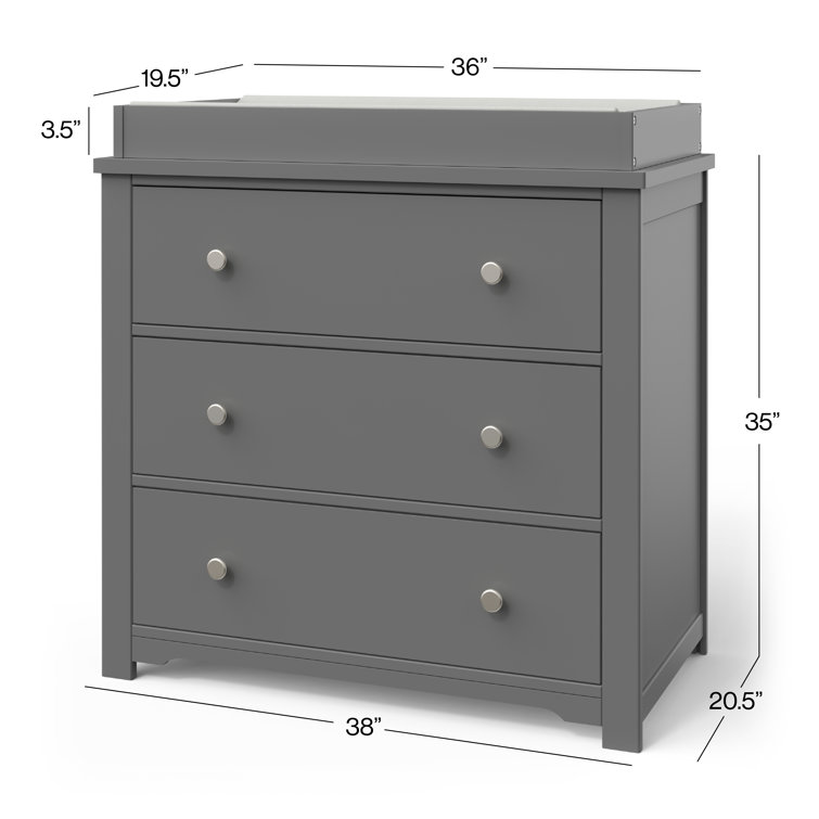 Cool Gray Pine Wood 3-Drawer Dresser with Changing Table Topper