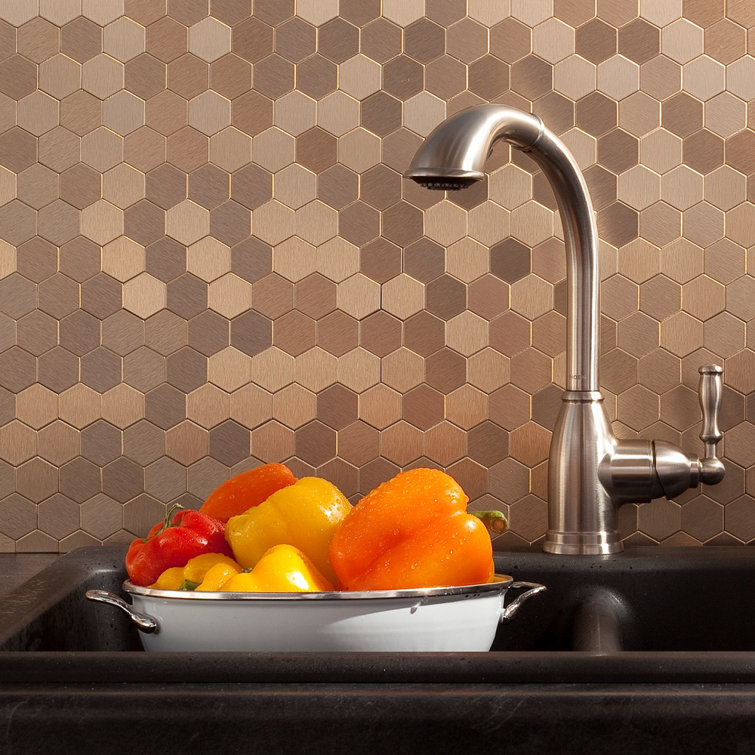 Champagne Honeycomb Peel and Stick Metal Wall Tile Kit