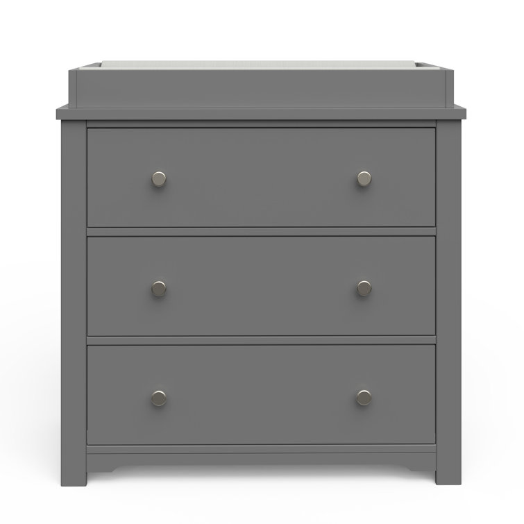Cool Gray Pine Wood 3-Drawer Dresser with Changing Table Topper