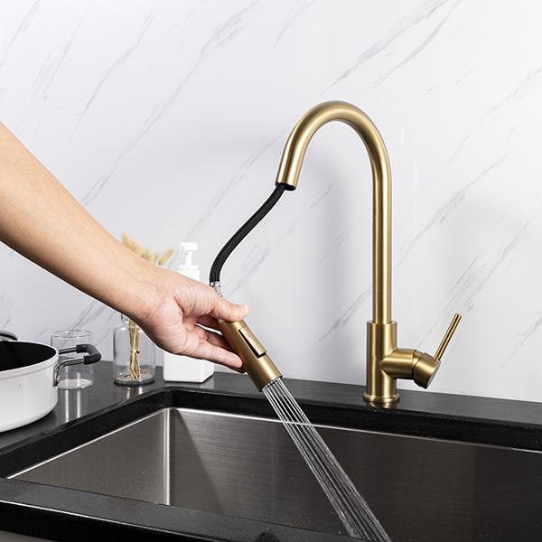 Satin Brass Modern Kitchen Faucet with Pull-down Spray