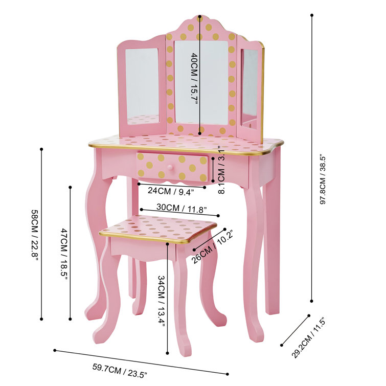 Pink and Gold Polka Dot Kids Vanity Set with Bench