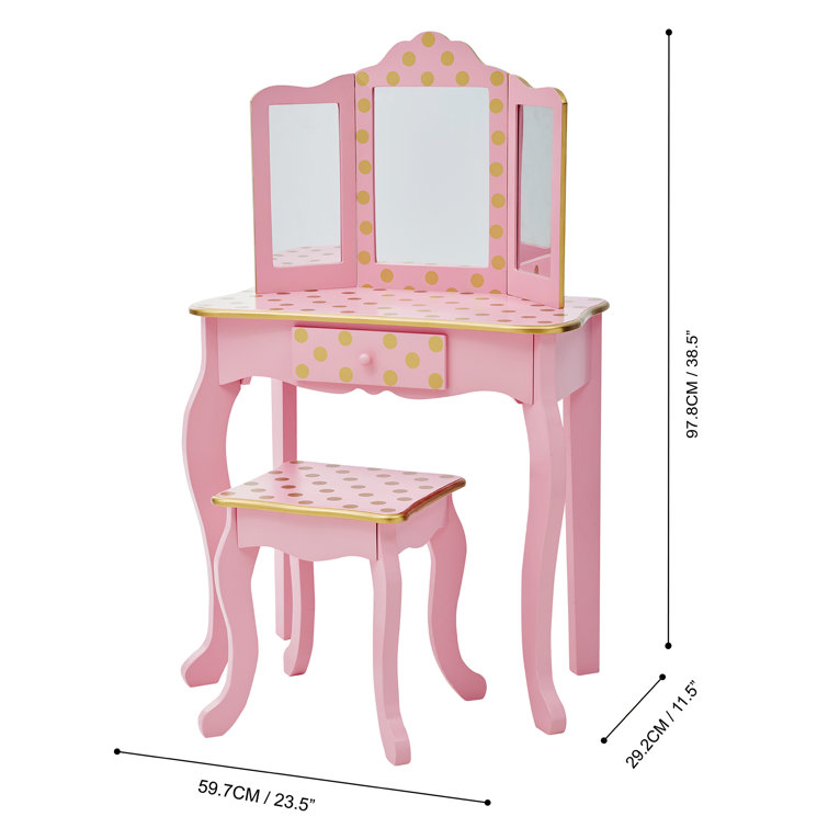 Pink and Gold Polka Dot Kids Vanity Set with Bench