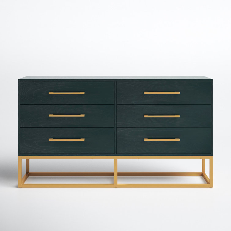 Estelle Transitional Teal 6-Drawer Dresser with Brass Accents