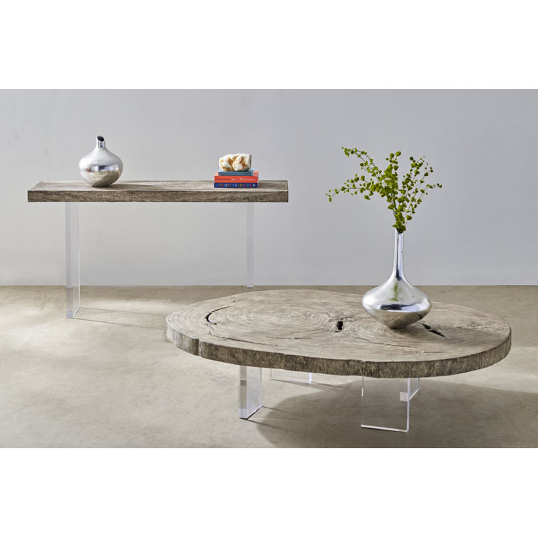 Transitional Gray Stone & Acacia Wood 60" Console Table with Acrylic Legs