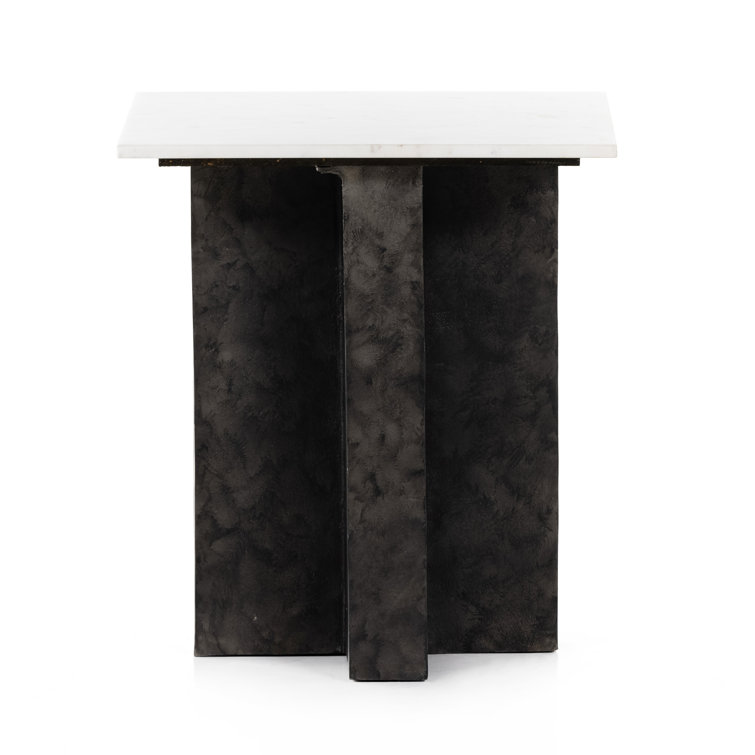 Contemporary Marlow Square End Table in Polished White Marble and Raw Black