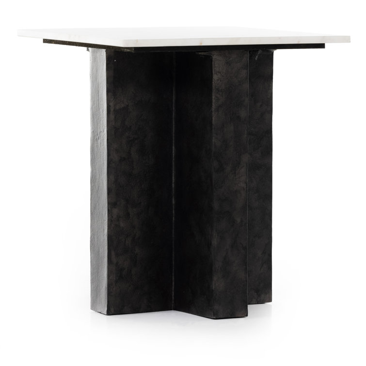 Contemporary Marlow Square End Table in Polished White Marble and Raw Black