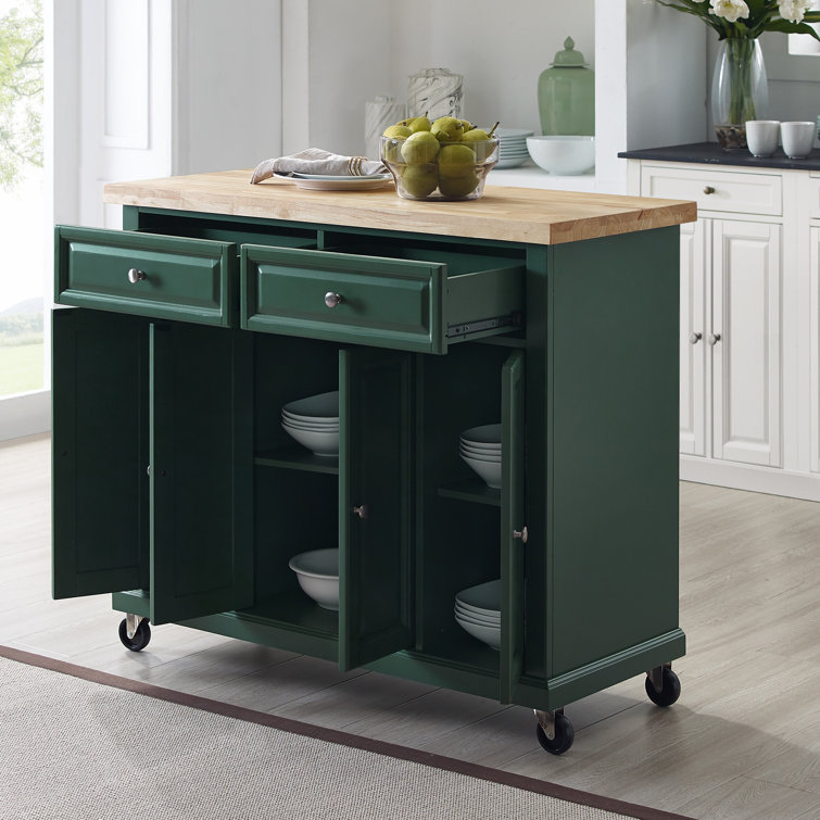 Emerald Green Birch Wood Kitchen Island Cart with Storage