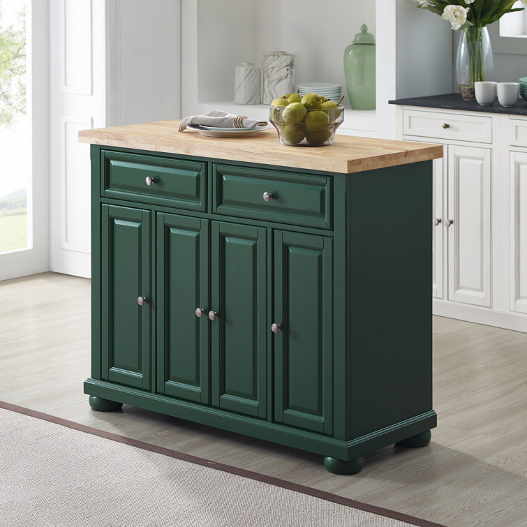 Emerald Green Birch Wood Kitchen Island Cart with Storage