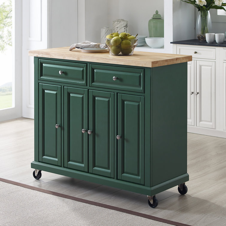 Emerald Green Birch Wood Kitchen Island Cart with Storage